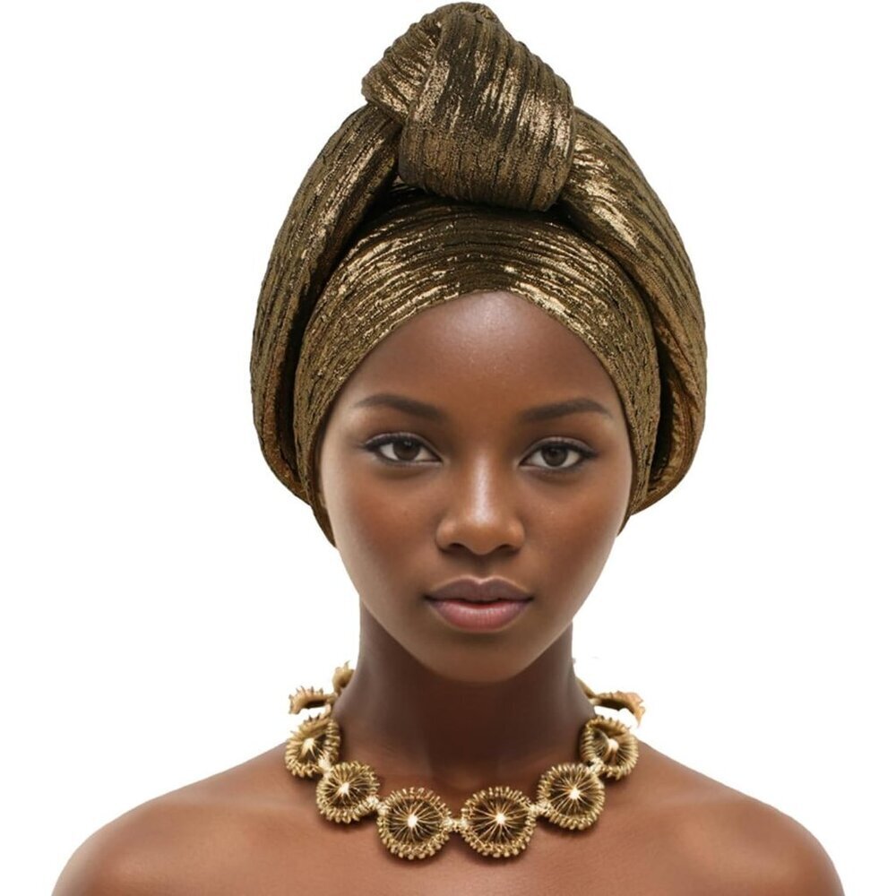 African Women Turban Caps Beanie Knotted Head Wraps Solid Gold Fashion